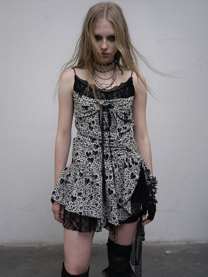 Black&White Glamorous Self-tie Strap Lace Trim Heart Print Asymmetrical Hem Cami Dress