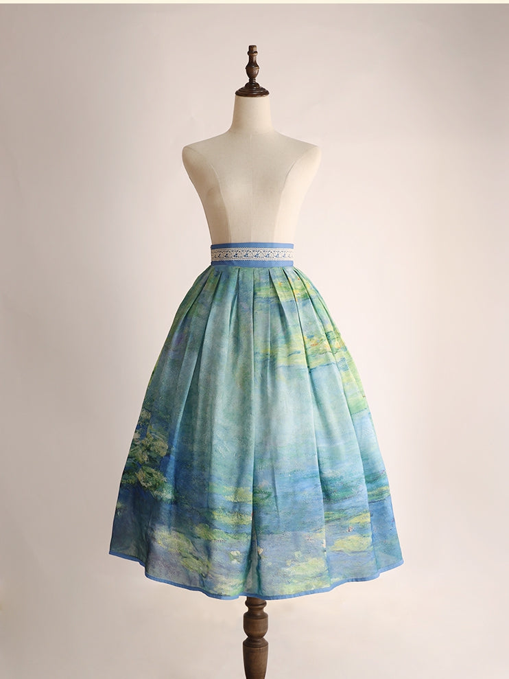 Water Lily Oil Painting Print Blue and Green High Waist Skirt Long/Short Version