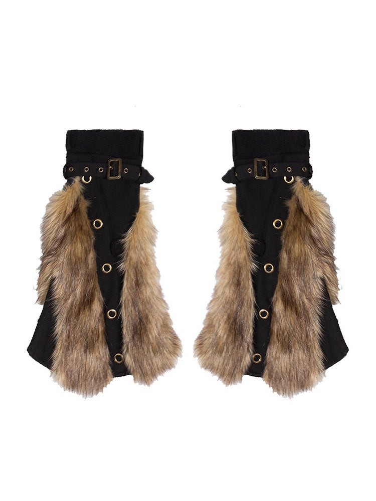 Gyaru Fashion Y2K Black Punk Leg Warmers with Buckle Straps & Faux Fur Trims