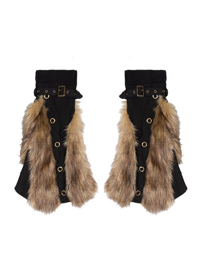 Gyaru Fashion Y2K Black Punk Leg Warmers with Buckle Straps & Faux Fur Trims