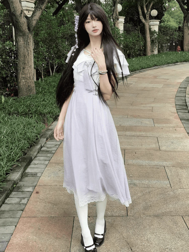 Jirai Kei Lavender Heart Buckles Waist Tiered Flounce Hem Neckline Long Version Dress with Bowtie