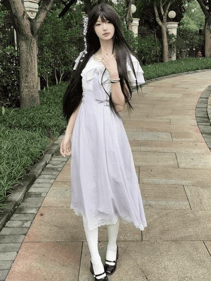 Jirai Kei Lavender Heart Buckles Waist Tiered Flounce Hem Neckline Long Version Dress with Bowtie