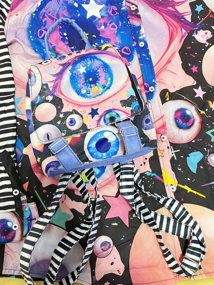 Colorful Guro Kawaii Fold-Over Flap Design Eyes Print Backpack