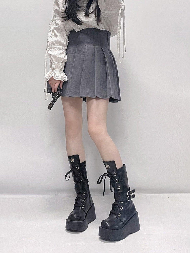 Y2K Black Buckle Strap Gothic Platform Knee-high Boots