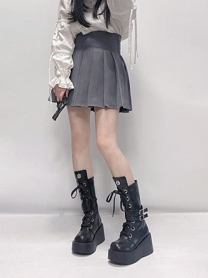 Y2K Black Buckle Strap Gothic Platform Knee-high Boots