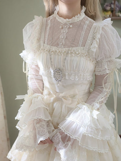 Creamy White Dotted Tulle Puff Sleeves Blouse with Detachable Sleeves