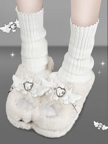 Cross Wings Decorated White Plush Platform Slippers Punk Winter Shoes