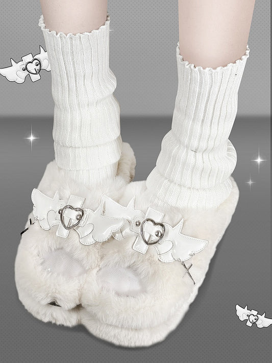 Cross Wings Decorated White Plush Platform Slippers Punk Winter Shoes