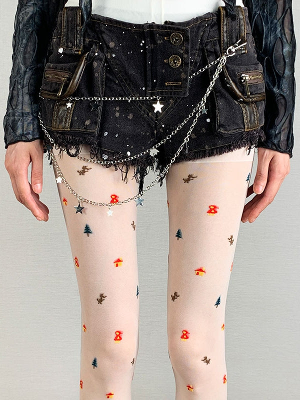 White Y2K Christmas Print Design Tights