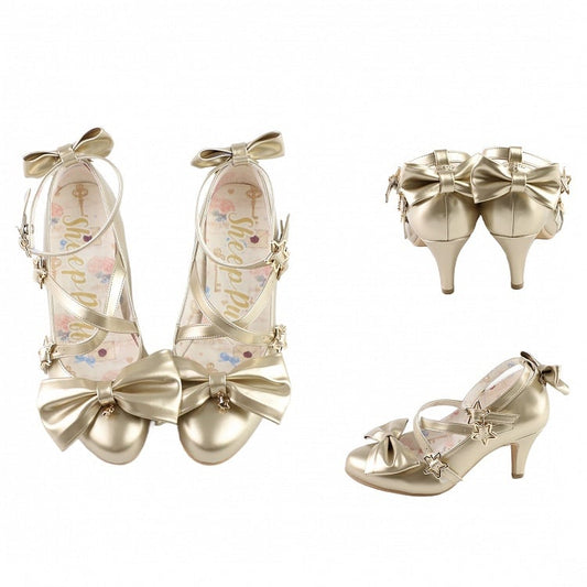 Gold Bow at Top Star Buckle Straps High Heels