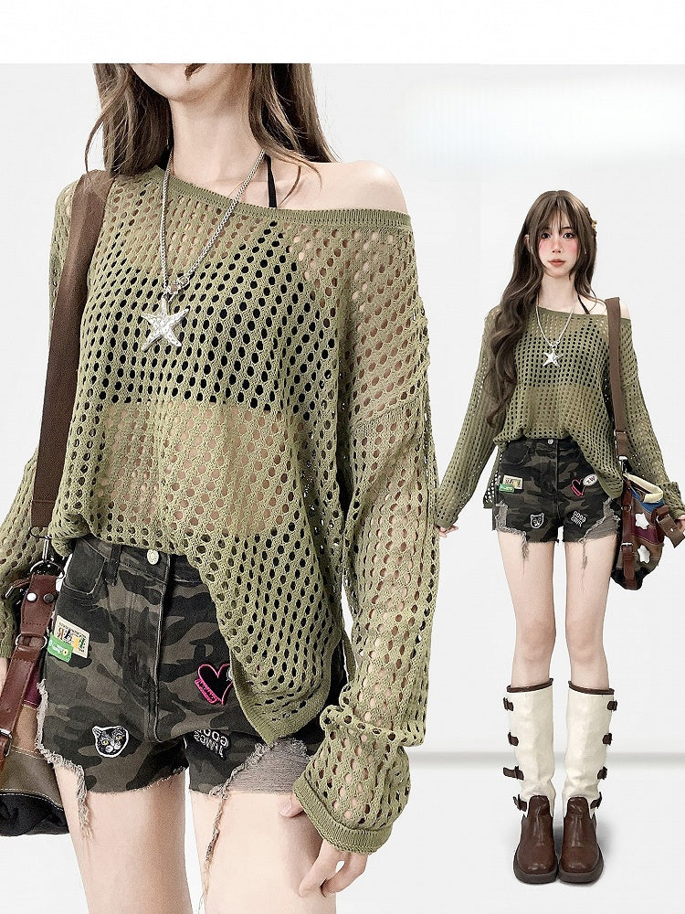 Army Green Hollow-out Design Semi-sheer Long Sleeves Top