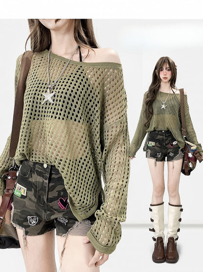 Army Green Hollow-out Design Semi-sheer Long Sleeves Top