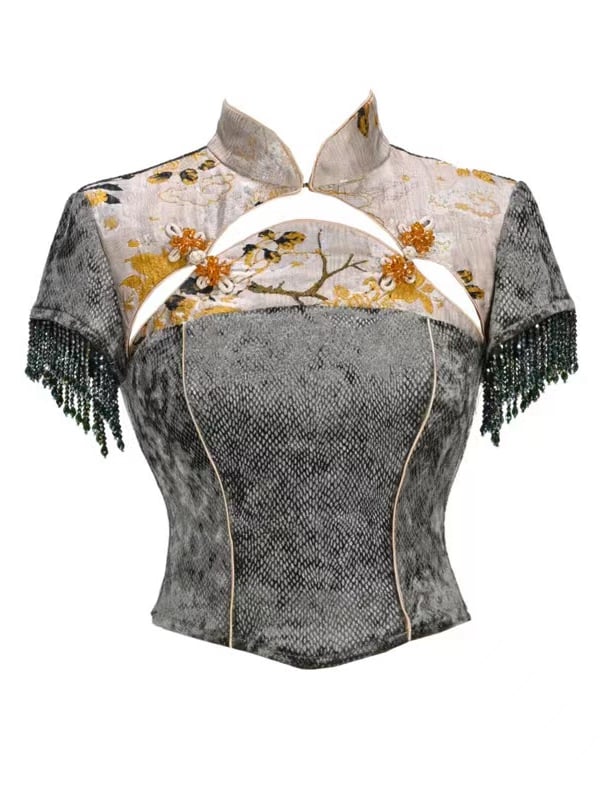 Dusty Green Cheongsam Style Collar Goth Top Bead Tassel Cuffs