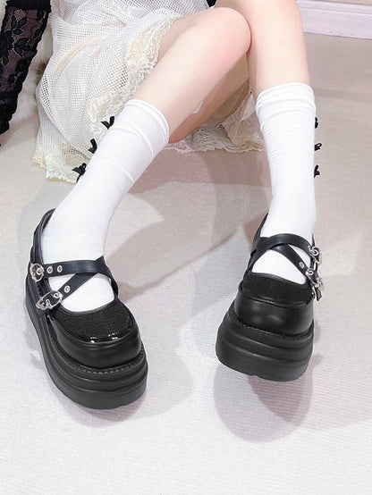 Black Crisscross Design Wing Buckles Platforms