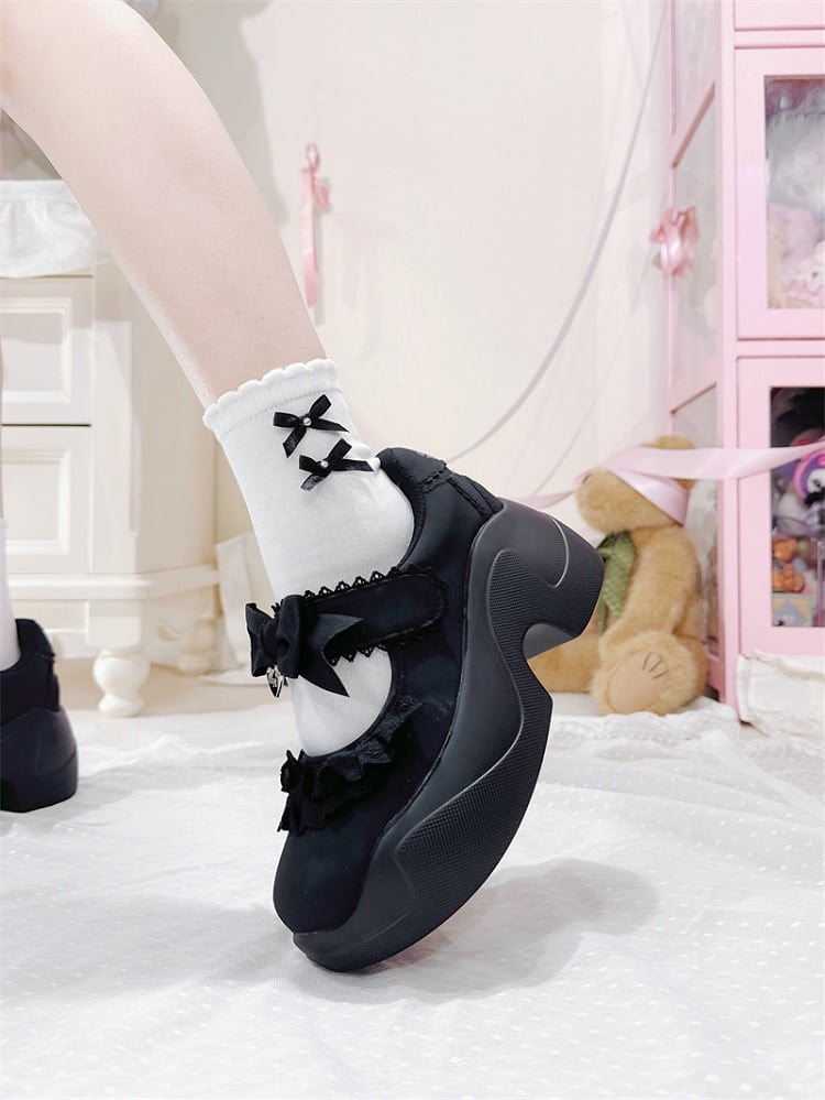 Black Lace Trim Bowknot Velcro Strap Closures Jirai Kei Platforms