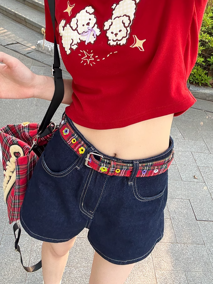 Kitty Embroidery Back Blue Wide-leg Denim Shorts