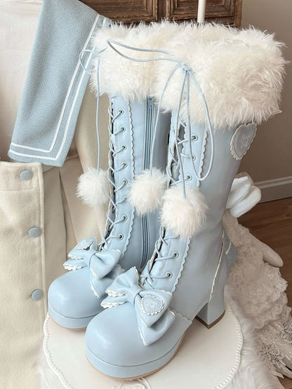 Mid-heel Blue Knee-Highs in PU with Plush Cuff, Bow Decor & Lace+Zip Fastening
