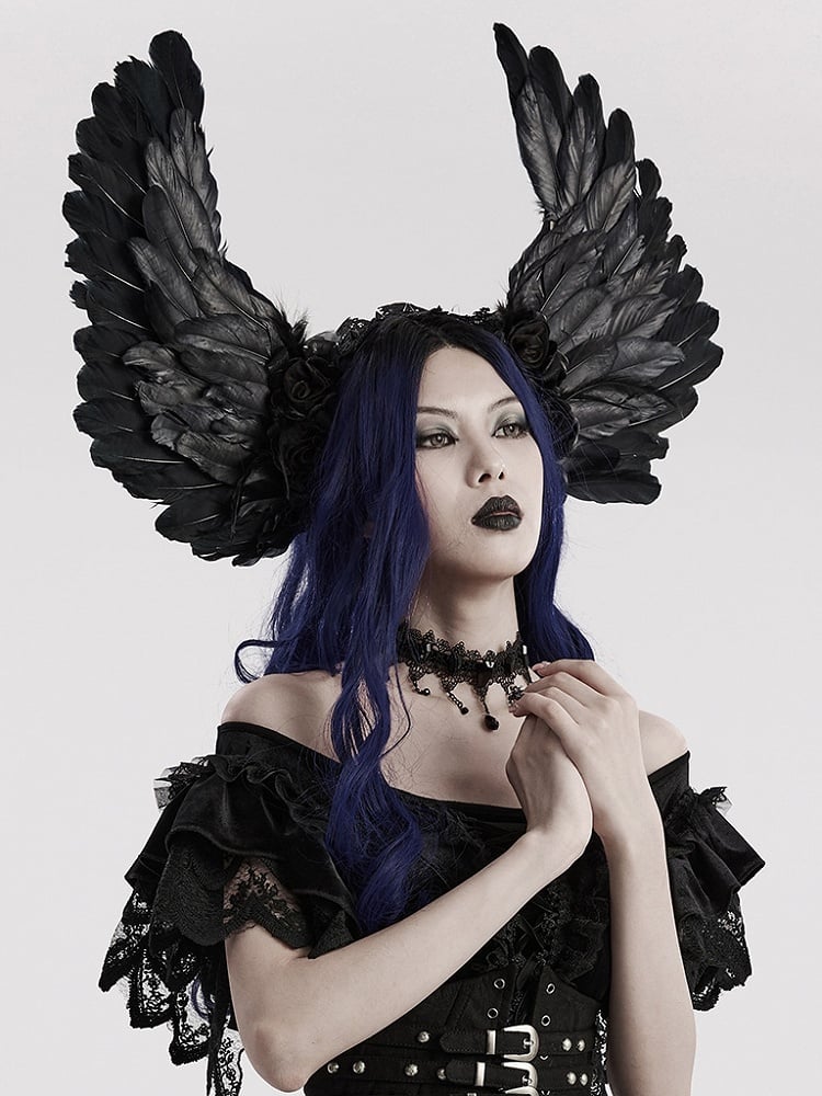 Black Goth Faux Feather Wing Headwear