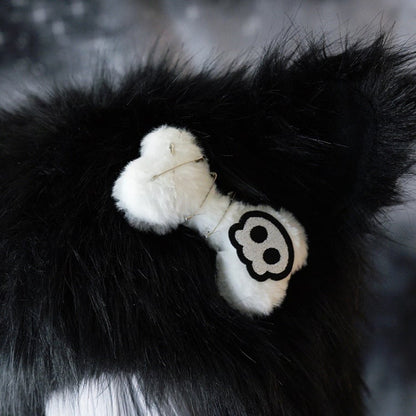 Black Gothic Pompon Charms Plush Cat Ear Hat With Pin Decorated Skeleton Applique Bone