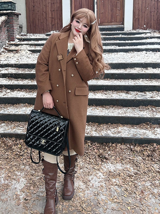 Plus Size Coffee Preppy Coat with Free Badge