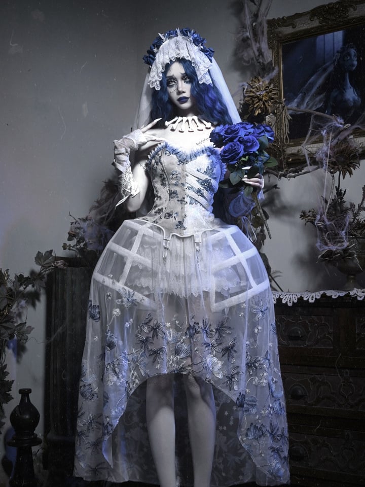 Corpse Bride White High-low Tulle Skirt with Delicate Blue Black Floral Embroidery