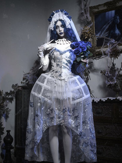 Corpse Bride White High-low Tulle Skirt with Delicate Blue Black Floral Embroidery