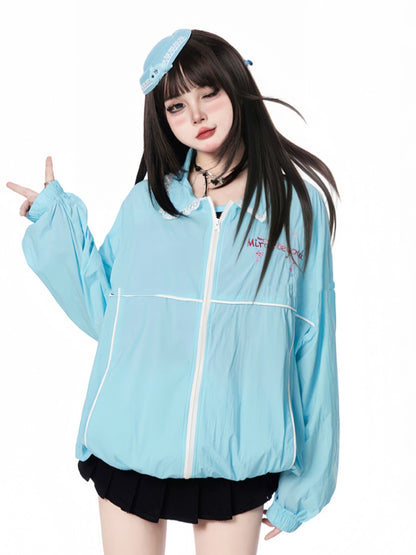 Blue Shirt Collar Elastic Cuffs and Hem Zip-up Jacket