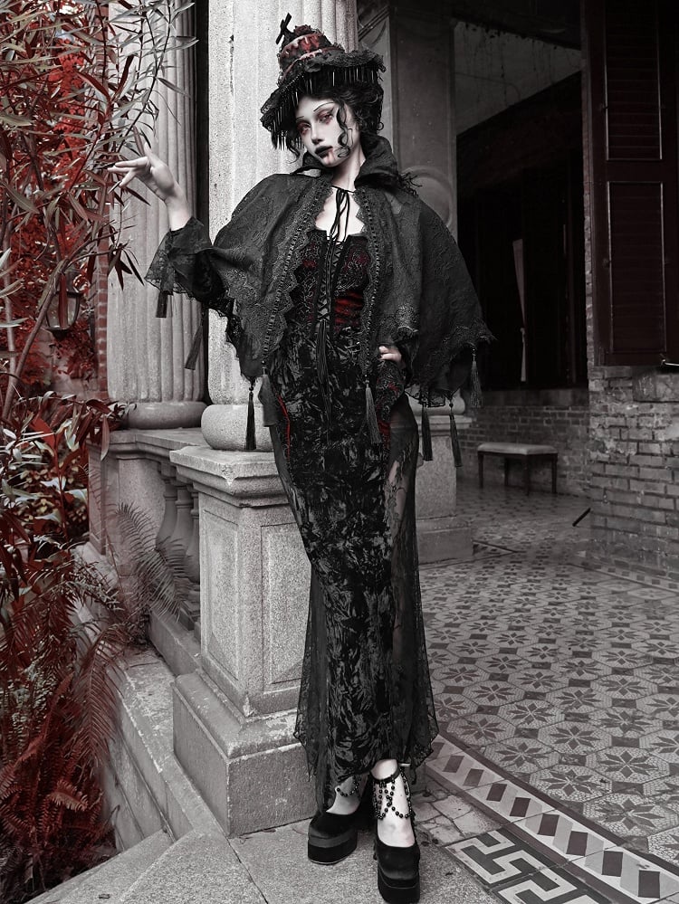 Black Goth Vampire Stand Collar Lace Shawl Cape Tassels Hem