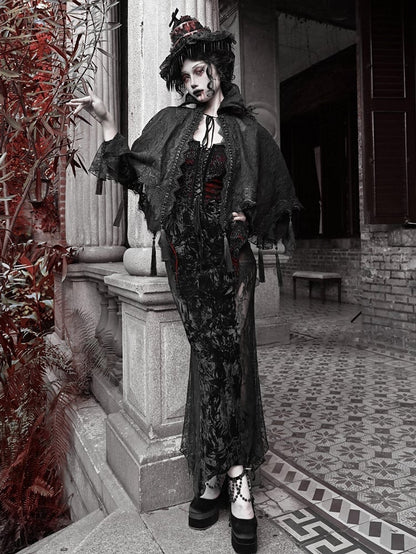 Black Goth Vampire Stand Collar Lace Shawl Cape Tassels Hem