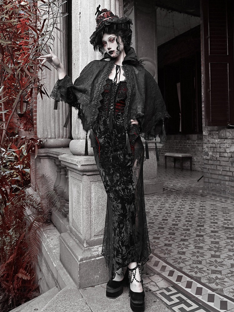 Black Goth Vampire Stand Collar Lace Shawl Cape Tassels Hem