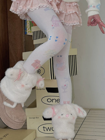 White Heart Bear Bunny Print Cartoon Tights
