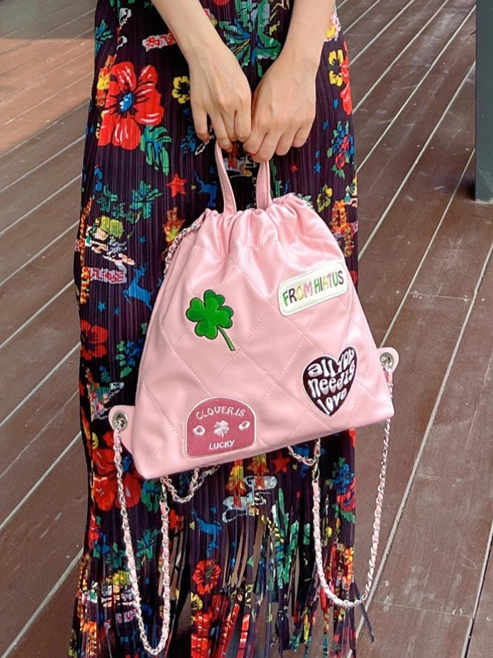 Sweet Pink Diamond Quilted Drawstring Backpack With Clover And Letter Embroidery