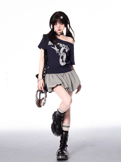 Navy Blue Asymmetrical Neckline Number Print Slim-fitting T-shirt