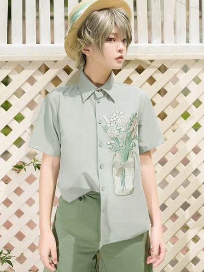 Season of Blossoms Bouquet Embroidery Ouji Lolita Green Shirt