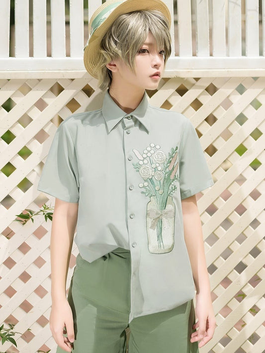 Season of Blossoms Bouquet Embroidery Ouji Lolita Green Shirt
