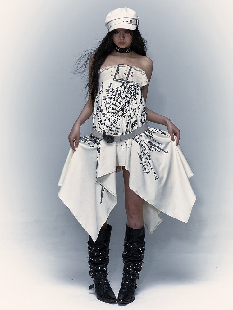 Lace-up Detail Letters Print Beige Buckle Strap Design Punk Rock Strapless Dress