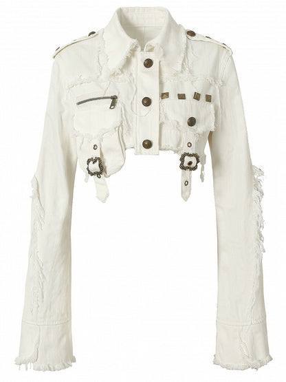 White Wasteland Punk Studs And Buckle Decorated Cropped Jacket