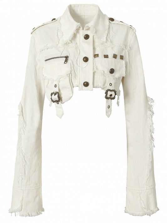 White Wasteland Punk Studs And Buckle Decorated Cropped Jacket