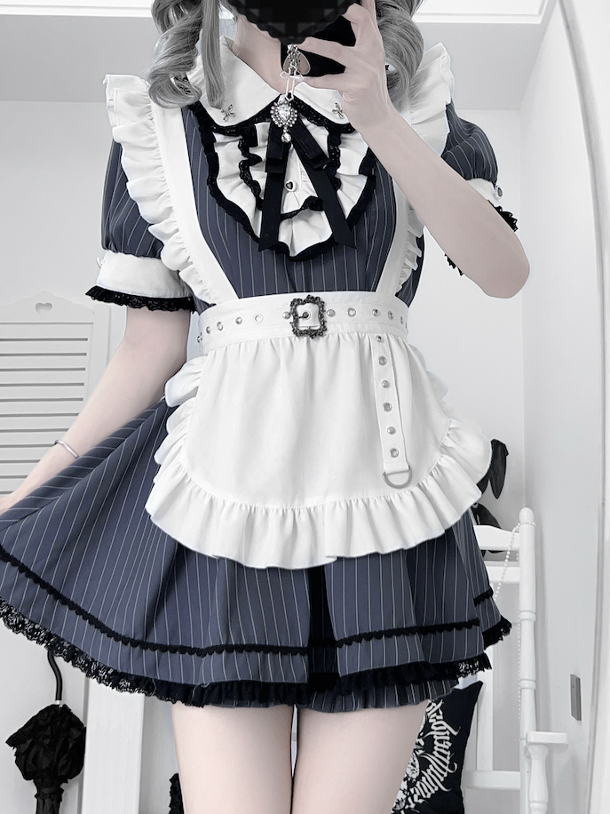 Peter Pan Collar Top with Shorts Dark Blue Stripes Maid Jirai Kei Set
