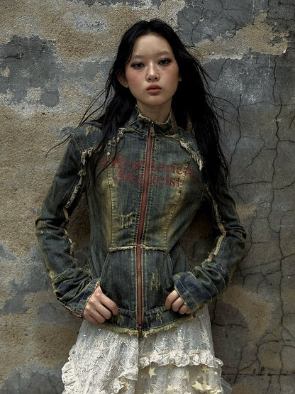 Blue Cross Patch Rock Punk Distressed Denim Jacket with Zip Cuffs