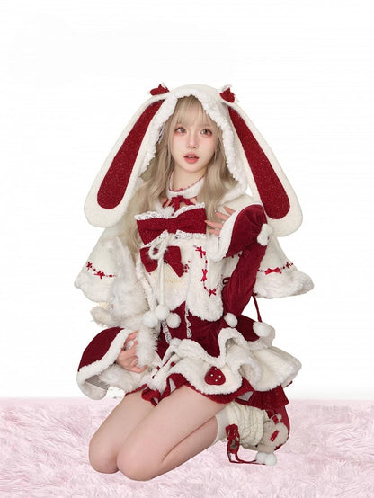 Cozy Bunny-Eared White Winter Hooded Cape with Christmas Red Bow Accents