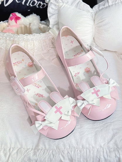 PU Pink Sweet Lolita Mary Janes - Medical Bunny Theme with Bow Accents & Velcro Strap Closures