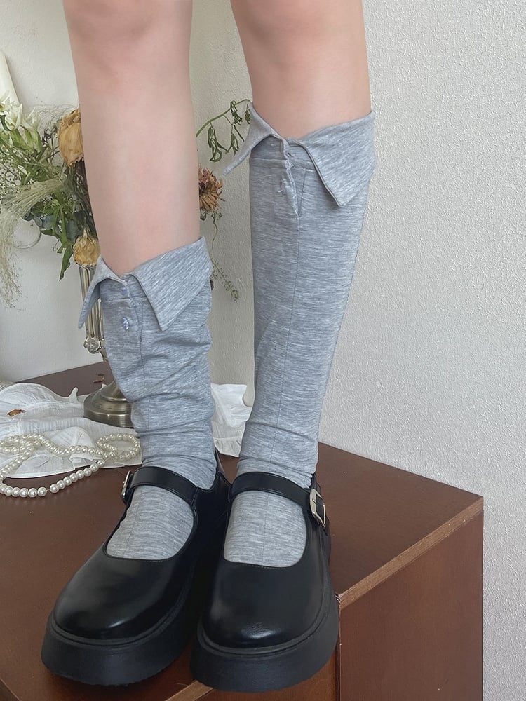 Black/White/Gray Underknee Stockings With Button Decoration
