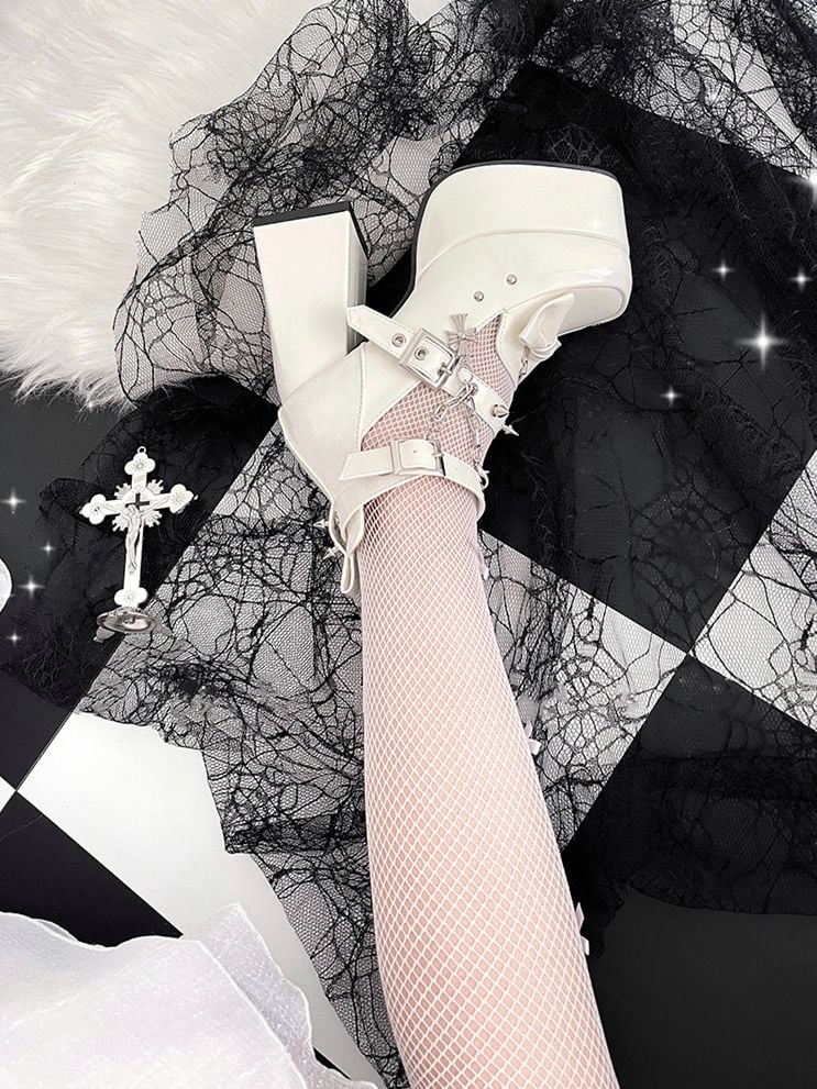 Spike Studs White Platform Block High Heels Punk Goth Shoes