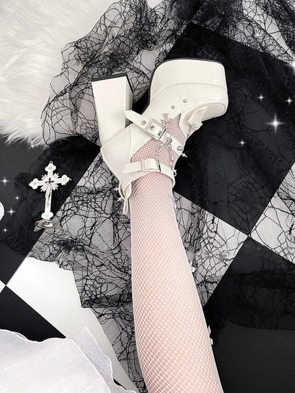Spike Studs White Platform Block High Heels Punk Goth Shoes