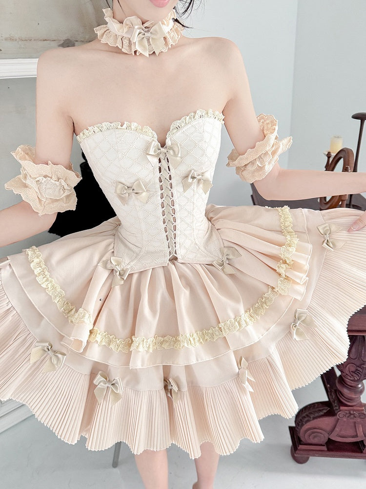 Cream-colored Sweet Lolita Diamond Pattern Corset Top + Skirt + Choker + Wrist Cuffs + KC Full Set