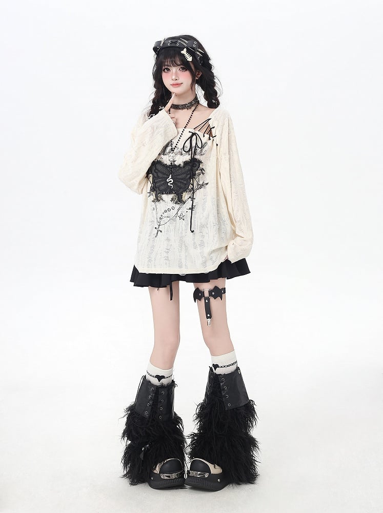 Vintage Butterfly Applique Lace-up Neckline Apricot Distressed Holes Top