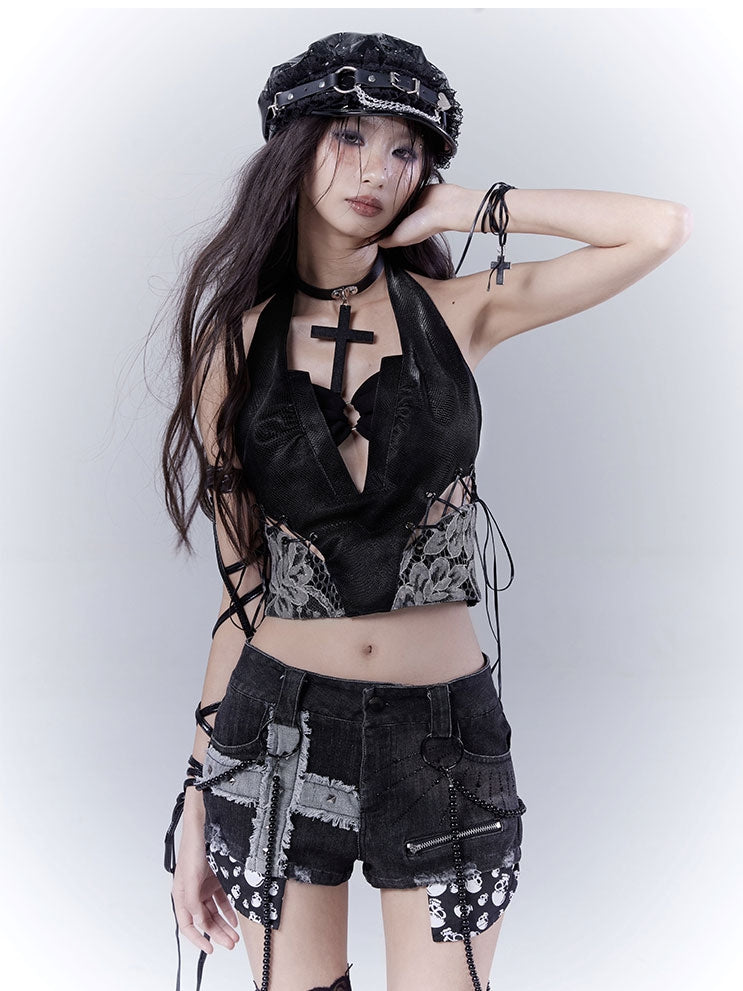 Black Halter Neck Lace Patches Glamorous Sleeveless Top with Lace-up Details Side