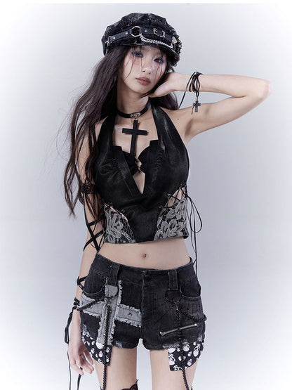 Black Halter Neck Lace Patches Glamorous Sleeveless Top with Lace-up Details Side