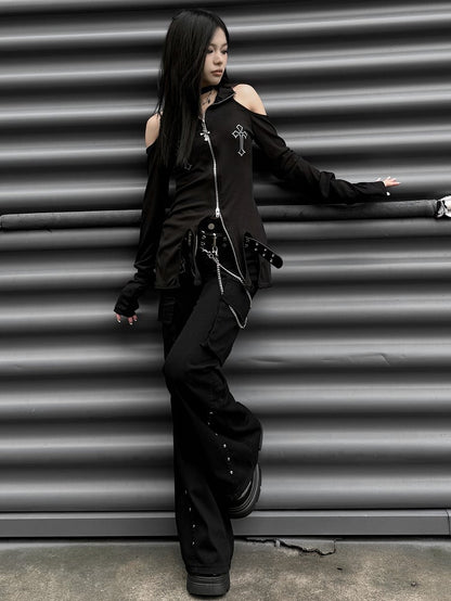 Punk Black Letter Patch Cargo Pockets Design Low Waist Fishtail Pants with Belt